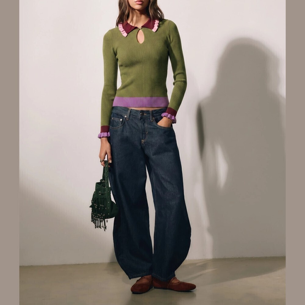 Olive Green Ribbed Knit Colorblock Ruffle Collar Keyhole Sweater - Picture 6 of 7